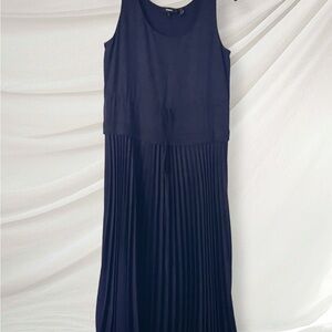 Theory Navy Pleated Satin Midi Dress Drawstring Waist Size Petite P /TP